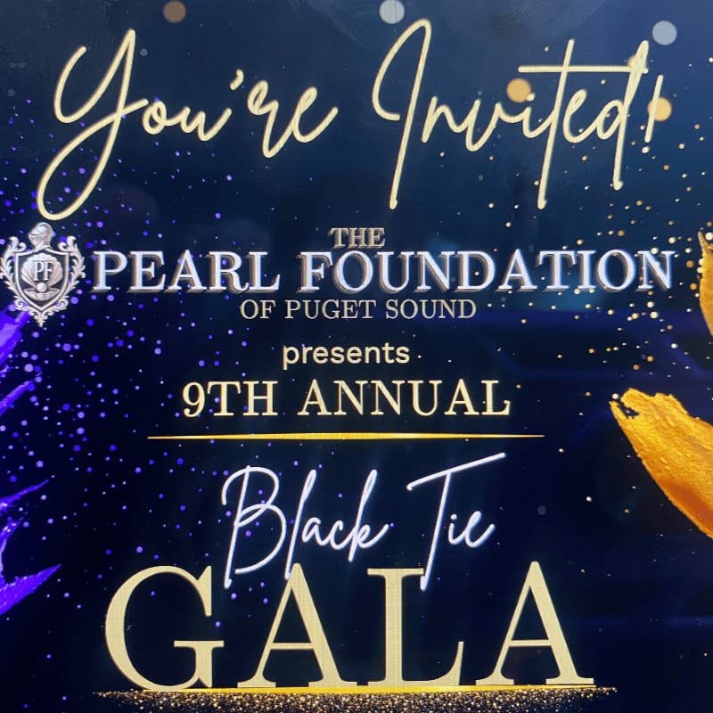 A glittering invitation for the Pearl Foundation of Puget Sound's 9th Annual Black Tie Gala features elegant script and a dark, starry background with splashes of gold and purple.