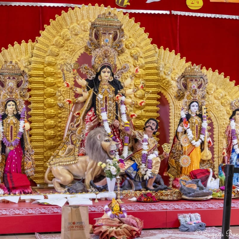 A vibrant Hindu deity statue with a lion in the foreground is set against a golden, ornate backdrop with red fabric.