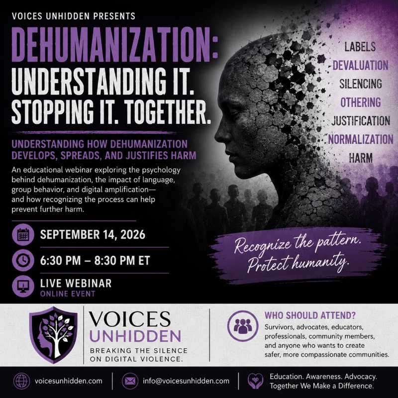 A stylized human head, fractured and dissolving into a crowd in the background, is overlaid with text about dehumanization and webinar details.