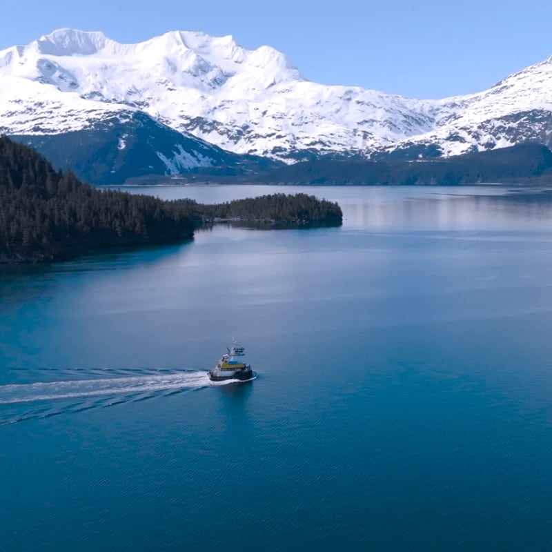 A small ferry cuts through calm blue water in the foreground, leaving a white wake, with snow-capped mountains and dark evergreen forests forming the background.