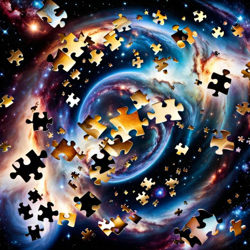 Scattered puzzle pieces float in the foreground against a swirling, colorful nebula in the background.