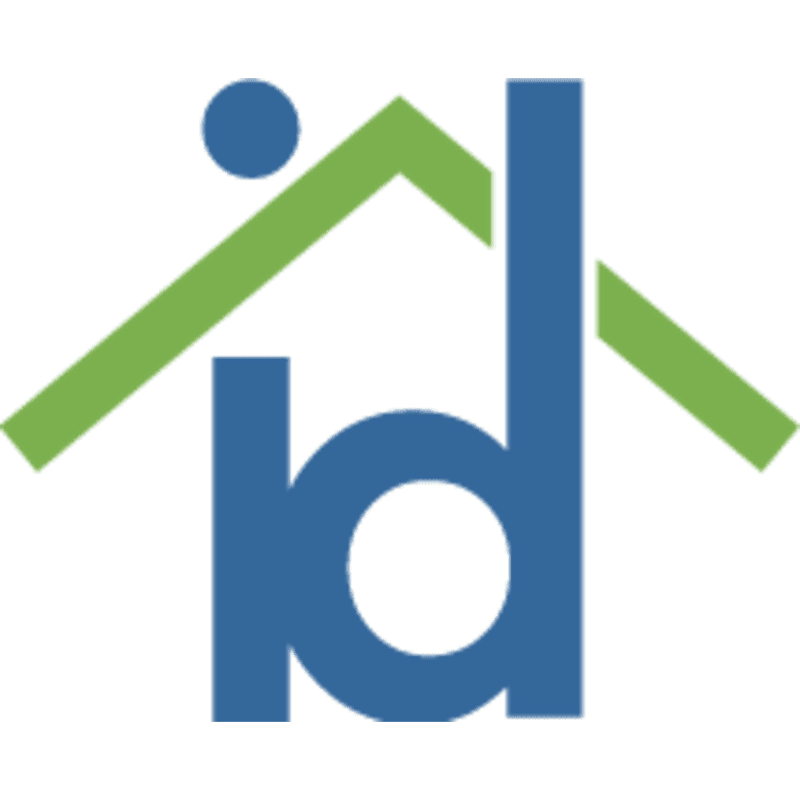 A blue lowercase "id" is superimposed on a white background, with a green roof-like shape arching over it, topped by a blue dot.