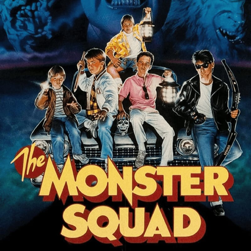 Five boys, armed with flashlights and a bow, sit on the hood of a car in the foreground, while a shadowy monster looms in the dark, cloudy background.