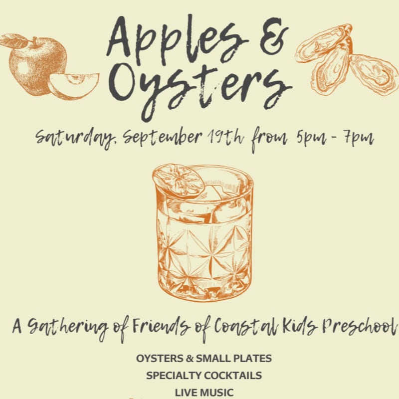 A sketch of a cocktail with a citrus slice sits in the foreground, while the background features the event title "Apples & Oysters" with illustrations of apples and oysters.