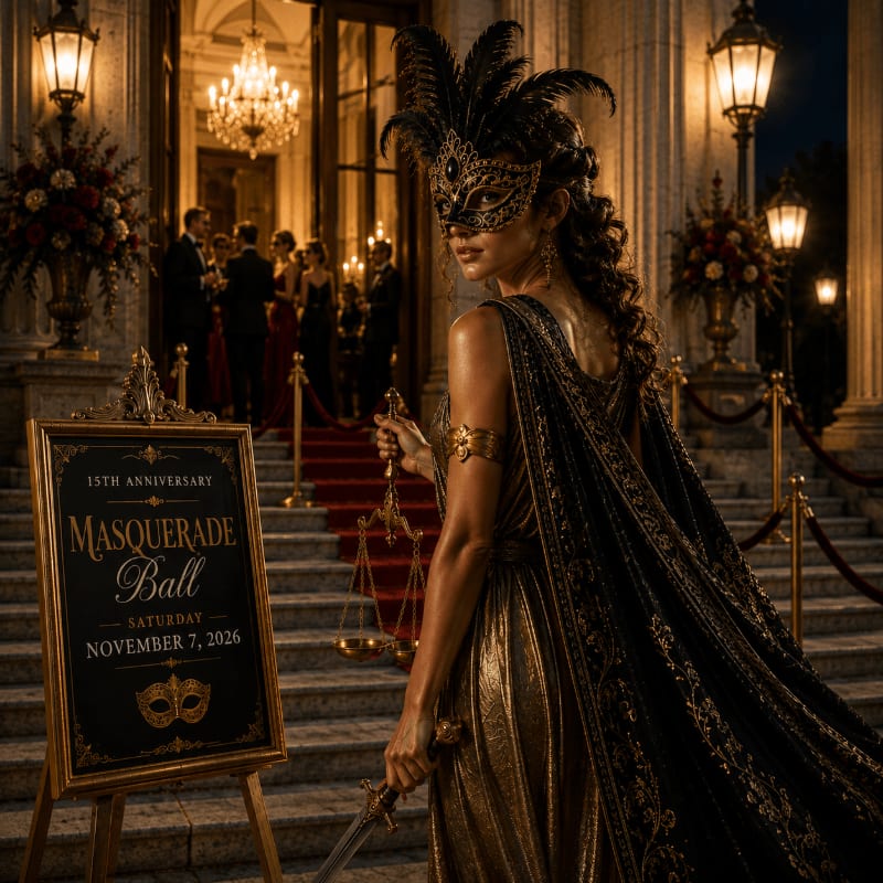 A woman in a golden masquerade gown and mask stands in the foreground next to a sign for a masquerade ball, while elegantly dressed guests ascend a red carpeted staircase in the background.