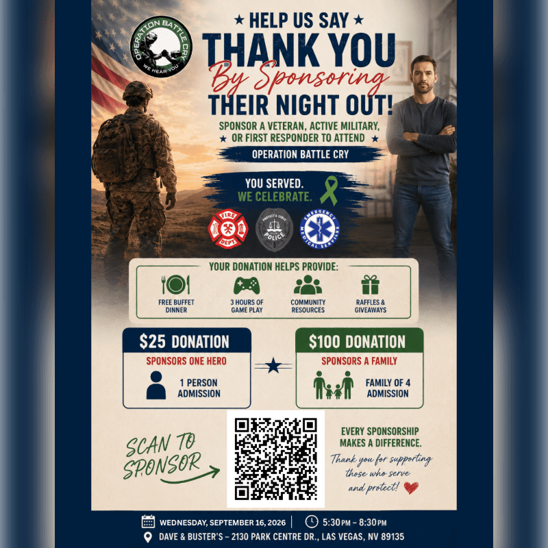 A flyer for "Operation Battle Cry" features a soldier in the foreground and a man in casual attire in the background, with details about sponsoring heroes and families.