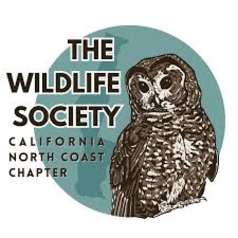 A detailed illustration of an owl in the foreground is set against a teal circle with a faint outline of a globe and the text "THE WILDLIFE SOCIETY CALIFORNIA NORTH COAST CHAPTER" on the left.
