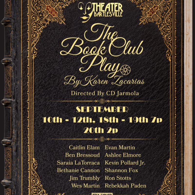 A vintage book cover with ornate gold detailing frames the title "The Book Club Play" and performance details for September.