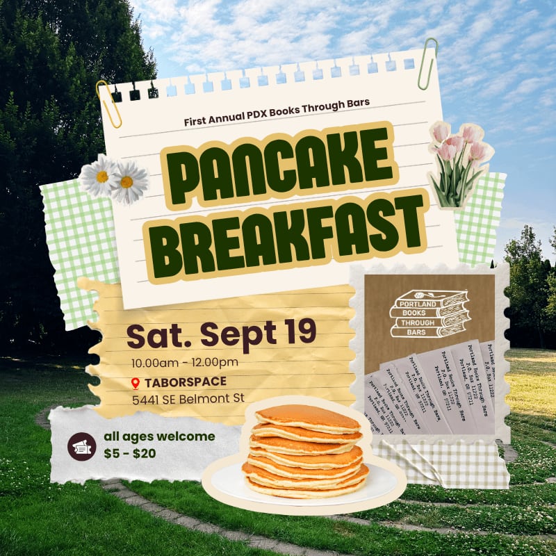 A stack of pancakes sits in the foreground of a flyer advertising a pancake breakfast, set against a background of trees and a cloudy sky.