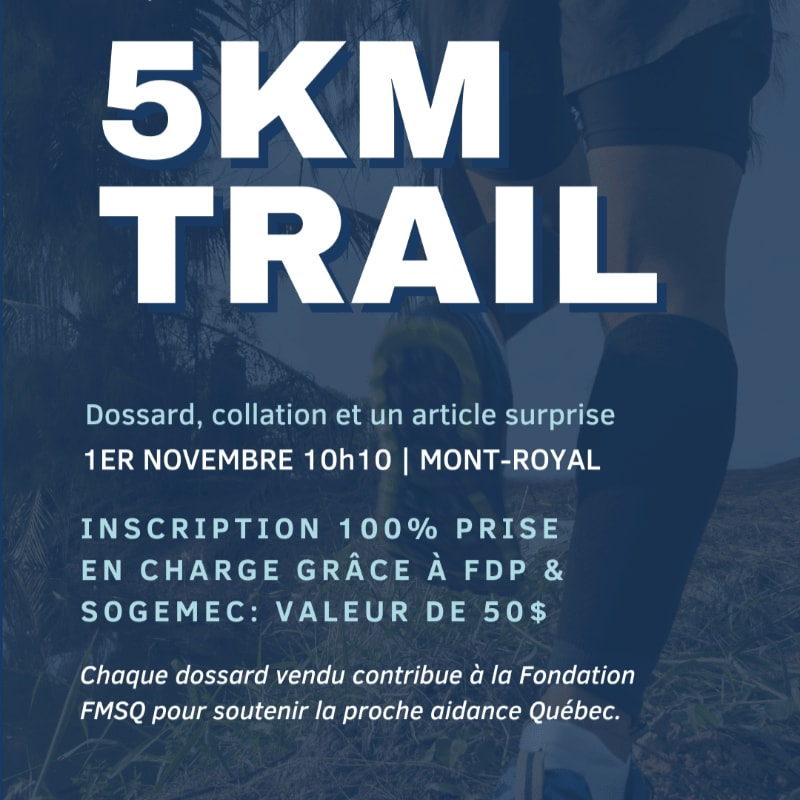 Large white text announcing "5KM TRAIL" dominates the foreground, with a blurred background of a person running.