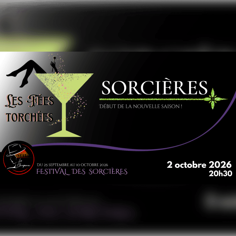 A martini glass with confetti and stylized legs in the foreground is set against a dark background advertising "Sorcières" and "Festival des Sorcières" with event dates.