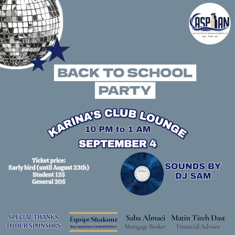 A disco ball and stars are in the upper left foreground, while the background is a muted blue with text advertising a "Back to School Party" at Karina's Club Lounge.