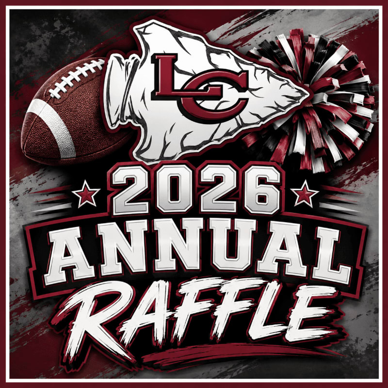 A football and a cheerleading pom-pom are in the foreground, with a graphic announcing the "2026 Annual Raffle" in the background.