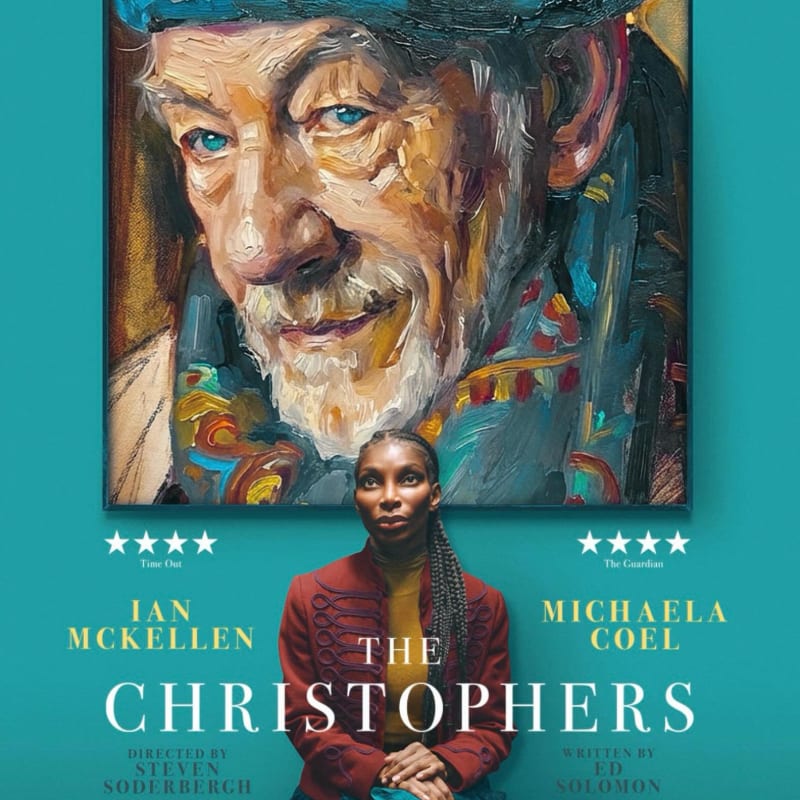 A painted portrait of an older man with a beard and a hat looms over a woman in the foreground, set against a teal background with movie credits.