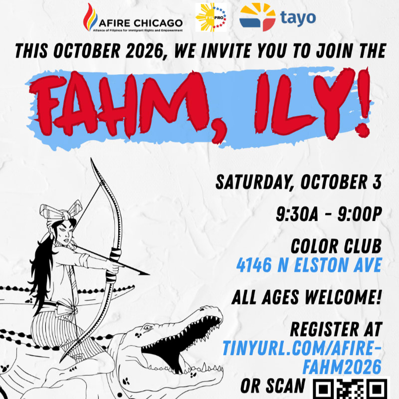 A stylized illustration of a person with a bow and arrow aiming at a crocodile is in the foreground, with event details for "FAHM, ILY!" in the background.
