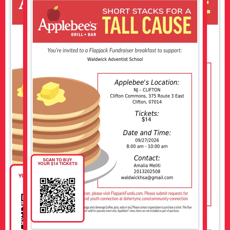 A stack of pancakes with butter is in the foreground, while the background features a red flyer advertising an Applebee's Flapjack Fundraiser for Waldwick Adventist School.