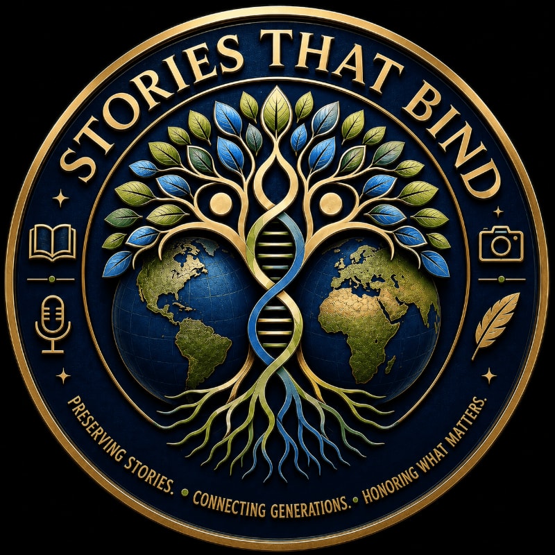 A circular emblem with a DNA-like tree of life connecting two globes in the foreground, surrounded by icons of a book, microphone, camera, and feather, all set against a dark background.