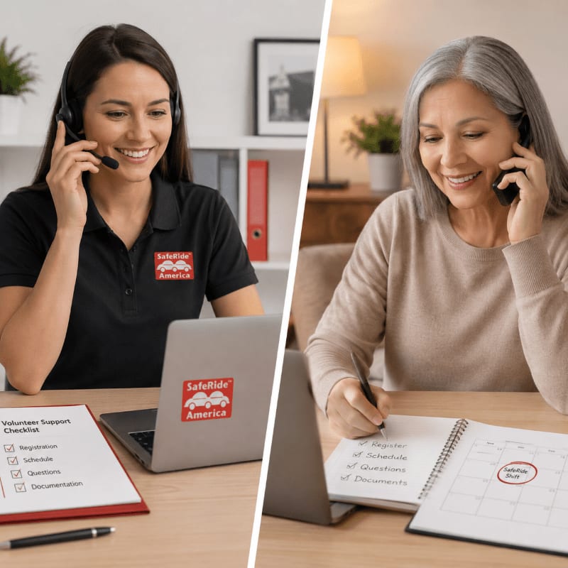 A smiling woman in a headset on the left, with a laptop and checklist in the foreground, is juxtaposed with an older woman on the right, also on the phone and writing in a planner, with a lamp and potted plant in the background.
