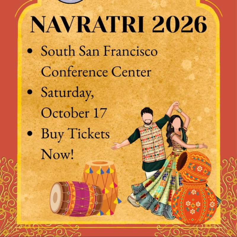 A vibrant poster for Navratri 2026 features a couple dancing in the foreground against a decorative, textured background.