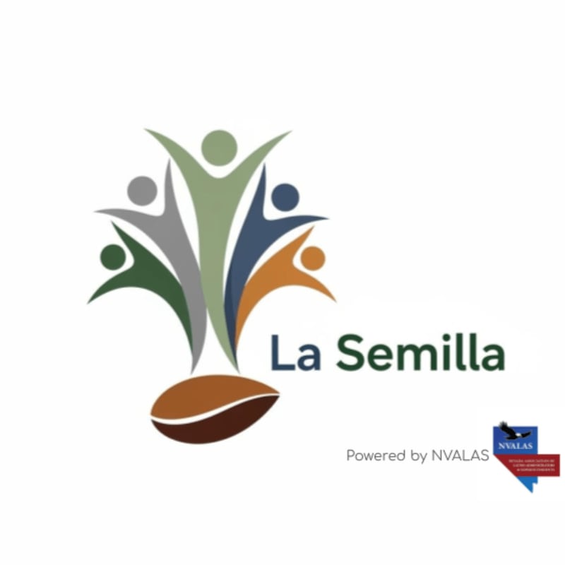 A stylized tree of diverse people stands above a coffee bean in the foreground, with the text "La Semilla" and a "Powered by NVALAS" logo in the background.