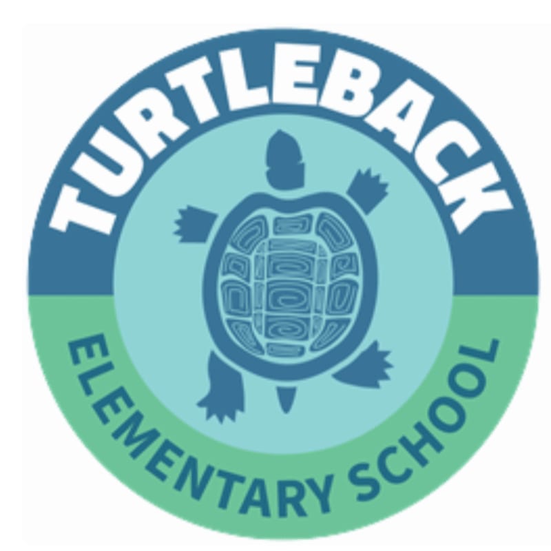 A blue turtle is centered within a light blue circle, surrounded by a dark blue ring with "TURTLEBACK" written in white, all set against a green band with "ELEMENTARY SCHOOL" in white letters.