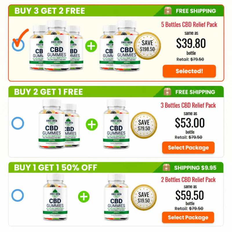 Three promotional offers for CBD gummies are displayed with bottles of gummies in the foreground and offer details in the background.