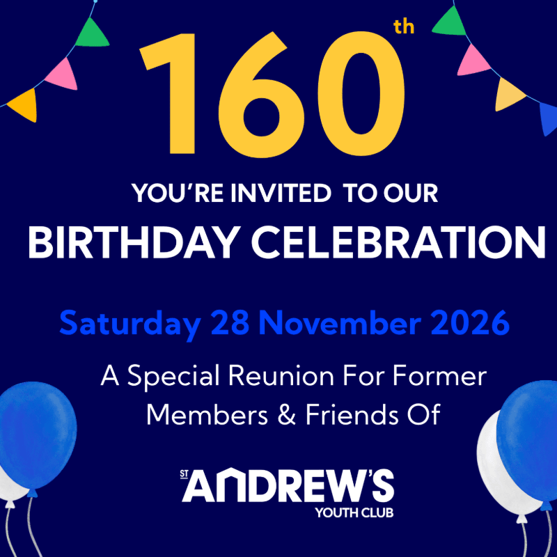 Colorful bunting and balloons frame a dark blue invitation for a 160th birthday celebration for St. Andrew's Youth Club.