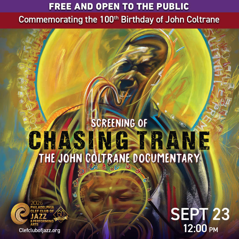 A vibrant, abstract portrait of John Coltrane with text announcing a screening of "Chasing Trane" dominates the foreground, set against a golden, circular background with subtle text.