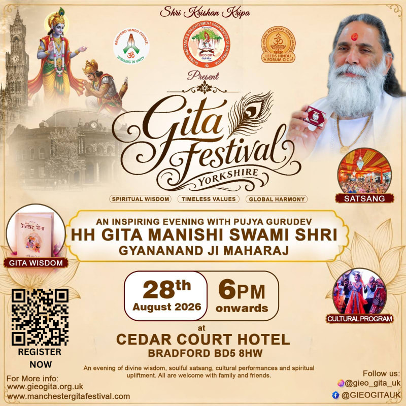 A poster for the Gita Festival Yorkshire features a portrait of a guru in the background, while the foreground displays event details and QR codes for registration.