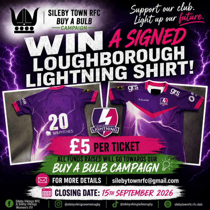 Two purple rugby shirts with lightning bolt designs are displayed in the foreground against a dark background with purple lightning bolts and text promoting a raffle for Sileby Town RFC's "Buy a Bulb" campaign.