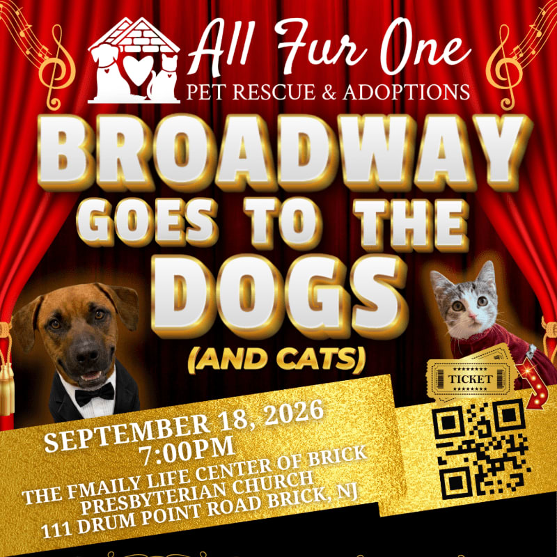 A dog in a tuxedo and a cat in a sweater are featured in the foreground of a poster for "Broadway Goes to the Dogs (and Cats)" event, set against a red curtain background.