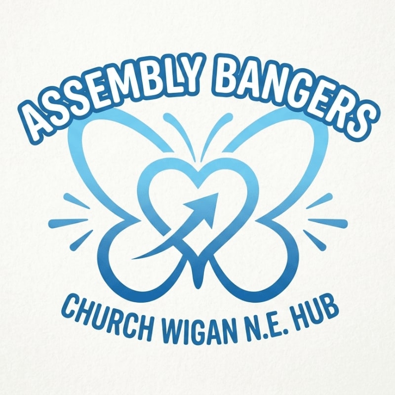 A light blue butterfly logo with an upward arrow inside a heart is centered on a textured light background, with the words "ASSEMBLY BANGERS" arched above and "CHURCH WIGAN N.E. HUB" arched below.
