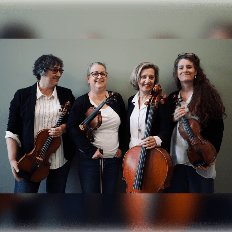 Four women stand in front of a muted gray wall, each holding a string instrument.