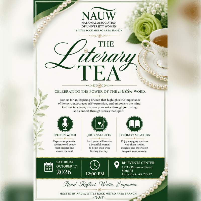 A pearl-adorned flyer for "The Literary Tea" event, featuring a teacup and roses in the background, announces a celebration of the written word with details on spoken word, journal gifts, and literary speakers.