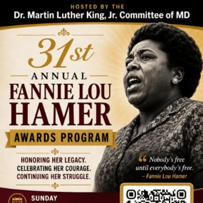 A portrait of Fannie Lou Hamer speaking is featured on the right, with event details for the 31st Annual Fannie Lou Hamer Awards Program hosted by the Dr. Martin Luther King, Jr. Committee of MD on the left.