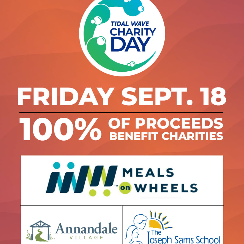 A vibrant orange background frames the "TIDAL WAVE CHARITY DAY" logo and event details, with the "Meals on Wheels," "Annandale Village," and "The Joseph Sams School" logos prominently displayed in the foreground.