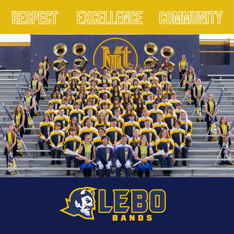 A marching band poses in uniform on bleachers in front of a stadium, with the words "RESPECT EXCELLENCE COMMUNITY" above and "LEBO BANDS" below.