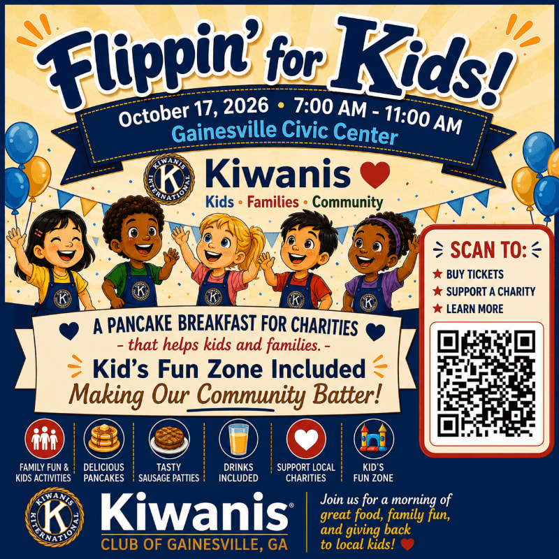 A colorful flyer advertises a Kiwanis pancake breakfast for kids, featuring smiling children in the foreground and event details against a blue and yellow background.