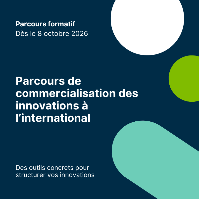 A dark blue background features white and green circles in the upper right, with text in the foreground announcing a training program starting October 8, 2026, on international innovation commercialization.