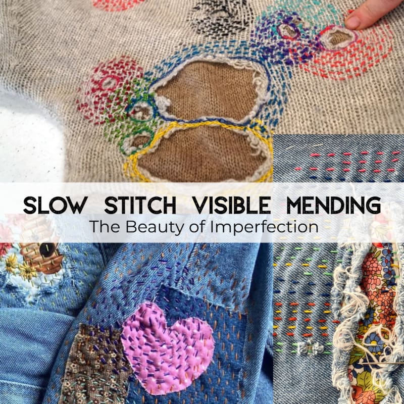 Colorful, visible mending stitches adorn worn fabric in the foreground, while text overlays the image in the background.