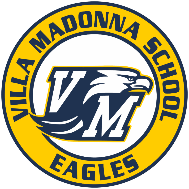 A circular logo with a yellow border features the words "VILLA MADONNA SCHOOL EAGLES" in blue text, enclosing a stylized eagle head and the letters "VM" in the foreground.