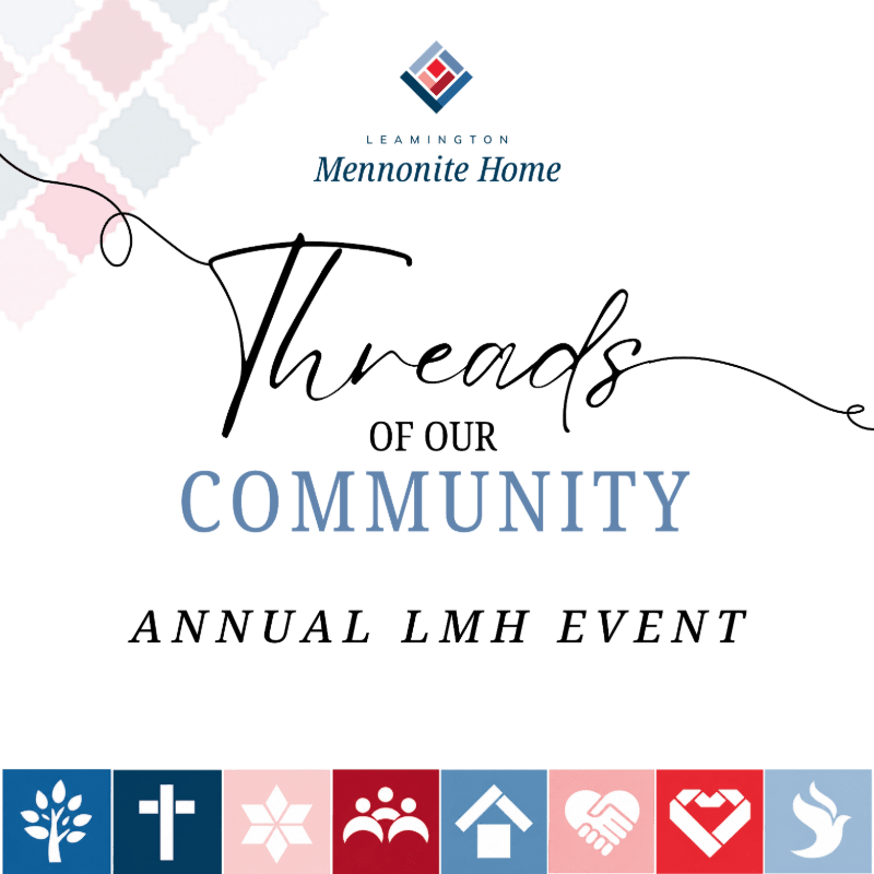 A white background features the text "Threads of Our Community Annual LMH Event" in varying fonts and colors, with a stylized thread graphic weaving through the words, and a row of colorful icons representing community and faith at the bottom.