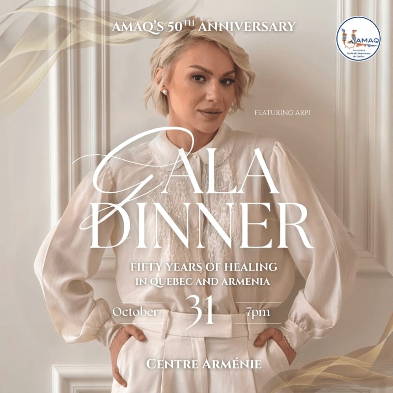 A woman in a white blouse and pants stands in front of a textured wall, with text announcing AMAQ's 50th Anniversary Gala Dinner.