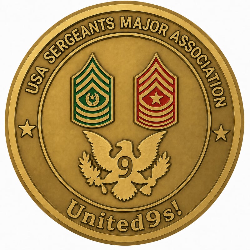 A gold coin with military insignia, including chevrons, an eagle, and the text "U.S.A. SERGEANTS MAJOR ASSOCIATION" and "United9s!", is set against a white background.