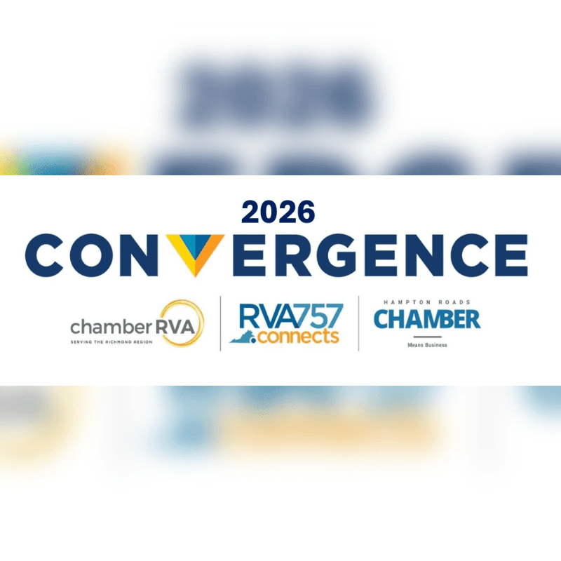 In the foreground, logos for "chamber RVA," "RVA757.connects," and "HAMPTON ROADS CHAMBER" are displayed beneath the word "CONVERGENCE" and the year "2026," while the background is a blurred gradient of blue and yellow.