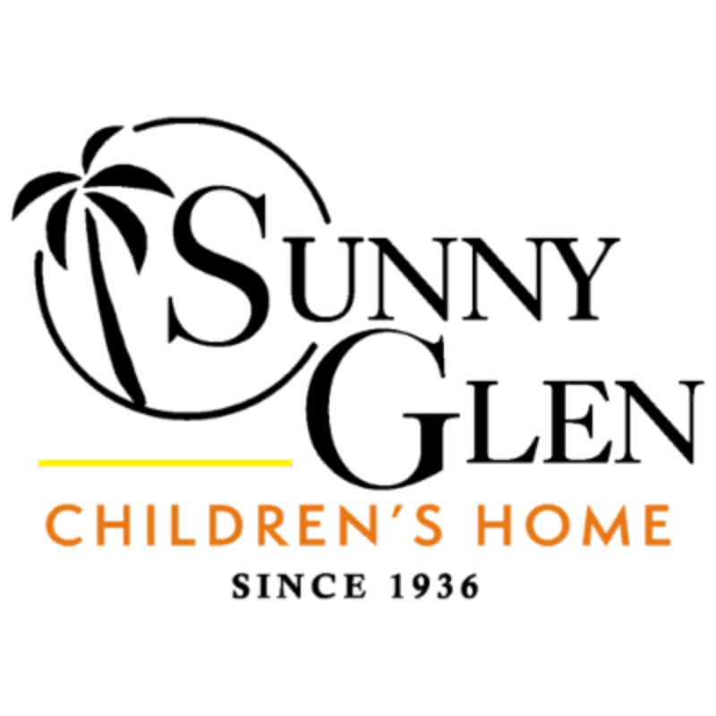 A black and white logo with a palm tree inside a circle, the words "SUNNY GLEN CHILDREN'S HOME" in orange and black text, and "SINCE 1936" in black text is set against a white background.