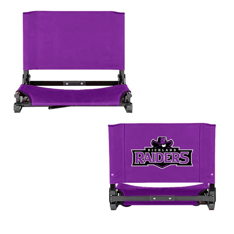 Two purple stadium seats, one with a "Richland Raiders" logo, are displayed against a white background.