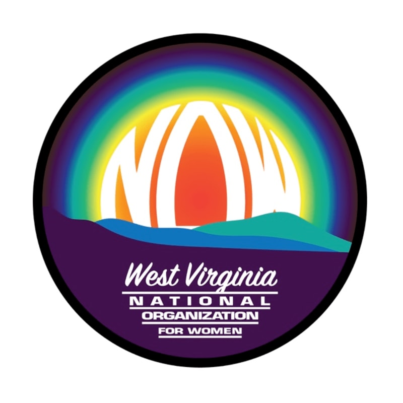 A circular logo features the letters "NOW" in white against a vibrant sunrise, with rolling purple hills in the foreground and the text "West Virginia National Organization for Women" below.