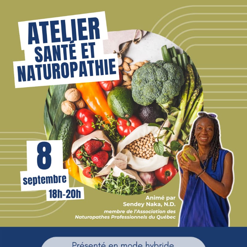 A woman holding a coconut stands in front of a vibrant display of fresh produce, with event details for a health and naturopathy workshop overlaid.