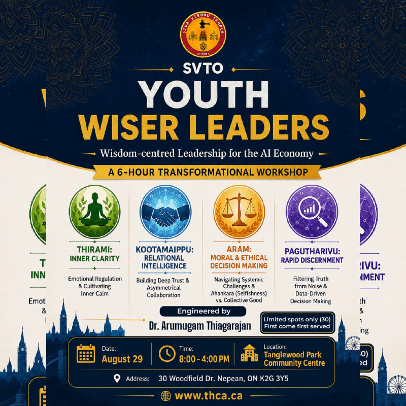 A poster for a "Youth Wiser Leaders" workshop is displayed against a dark blue background with a silhouetted cityscape, featuring five circular icons representing different leadership themes in the foreground.